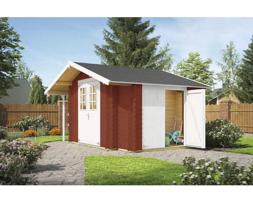 Abri de jardin Outdoor Life Vilano 2 avec plancher, local à outils 385 x 291 cm rouge de falun Abri de jardin en bois avec porte ouverte dans le jardin