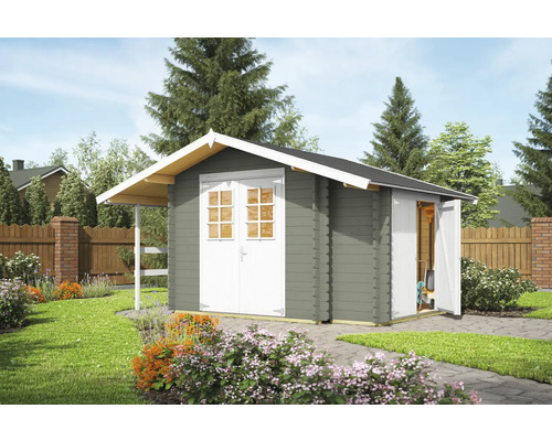 Abri de jardin Outdoor Life Vilano 2 avec plancher, local à outils 385 x 291 cm vert gris Abri de jardin en bois avec porte double et annexe dans le jardin