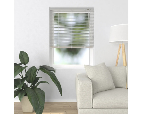 Szene mit Fensterjalousien, Zimmerpflanze und Sofa