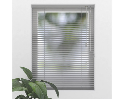 Store vénitien gris à la fenêtre avec chaînette de commande