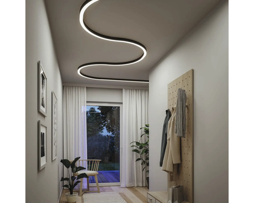 Modern gestalteter Flur mit geschwungener Deckenleuchte, Garderobe und Zimmerpflanzen