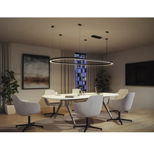 Modernes Besprechungszimmer mit ovalem Tisch, Bürostühlen und ovaler Pendelleuchte