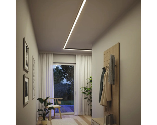 Flur mit Deckenleuchte, Garderobe, Zimmerpflanzen und Bildern an der Wand