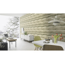 Salon moderne avec papier peint à motifs, table à manger, chaises et grande fenêtre