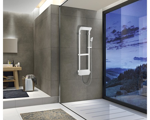 Salle de bains moderne avec système de douche et vue