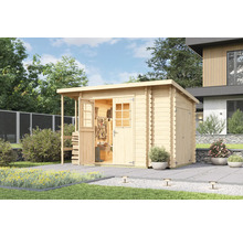 Abri de jardin en bois avec porte ouverte et outils de jardinage