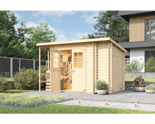 Abri de jardin en bois avec porte ouverte et outils de jardinage