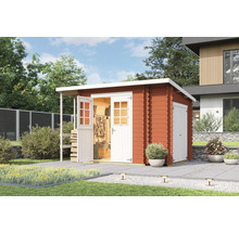 Abri de jardin en bois avec porte ouverte et outils de jardin à l''intérieur