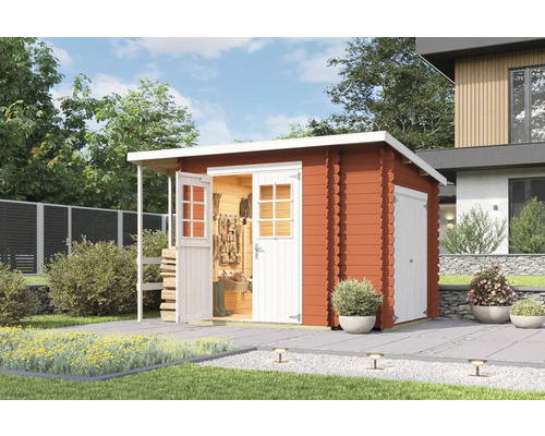 Abri de jardin Outdoor Life Vilano 3 avec plancher, local à outils 340 x 235 cm rouge de falun Abri de jardin en bois avec porte ouverte et outils de jardin à l''intérieur