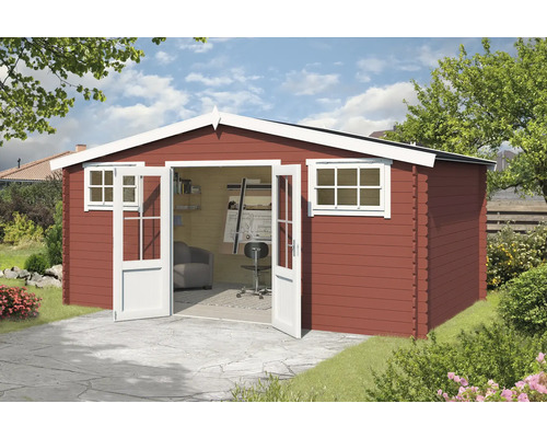 Abri de jardin Outdoor Life Washington 518,6 x 396 cm rouge de falun Abri de jardin avec fenêtres et portes ouvertes dans le jardin