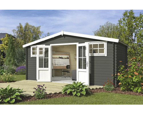 Abri de jardin Outdoor Life Washington 518,6 x 396 cm vert gris Abri de jardin en bois avec portes doubles et fenêtres ouvertes dans le jardin