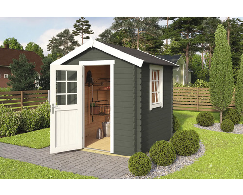 Abri de jardin Outdoor Life Wels 1 avec plancher 231 x 220 cm vert gris Abri de jardin avec porte ouverte dans le jardin