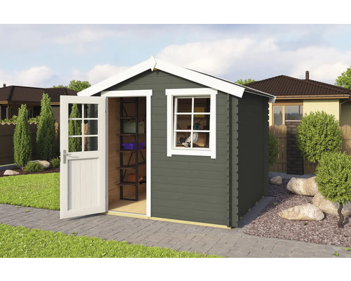 Abri de jardin en bois avec porte et fenêtre ouvertes