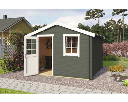 Abri de jardin Outdoor Life Wels 3 avec plancher 339,8 x 320 cm vert gris Abri de jardin avec porte et fenêtre ouvertes