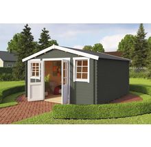 Abri de jardin avec double porte et fenêtre dans le jardin