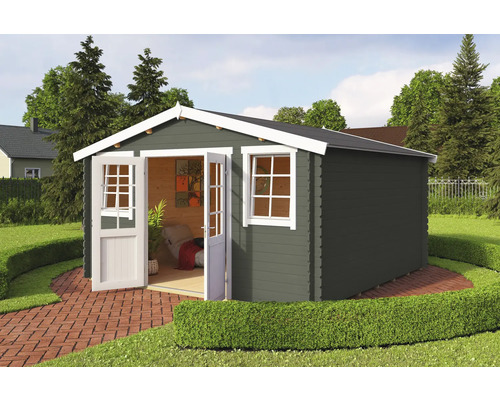 Abri de jardin Outdoor Life Wels 4 avec plancher 425,1 x 410 cm vert gris Abri de jardin avec double porte et fenêtre dans le jardin