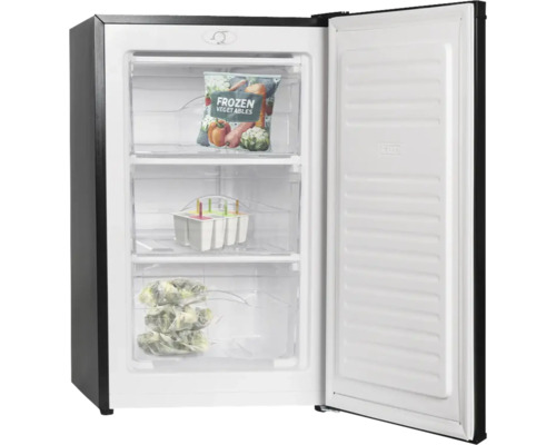 Congélateur avec porte ouverte et aliments congelés dans les tiroirs