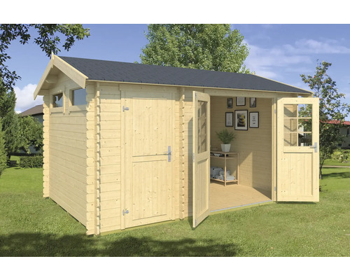 Abri de jardin Outdoor Life William avec plancher 420 x 288,8 cm nature Abri de jardin en bois avec double porte et fenêtres