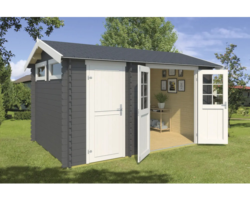 Abri de jardin Outdoor Life William avec plancher 420 x 288,8 cm gris carbone Abri de jardin en bois avec fenêtre et double porte