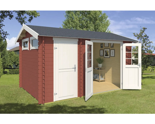 Abri de jardin Outdoor Life William avec plancher 420 x 288,8 cm rouge de falun Abri de jardin avec porte double, porte simple et fenêtres