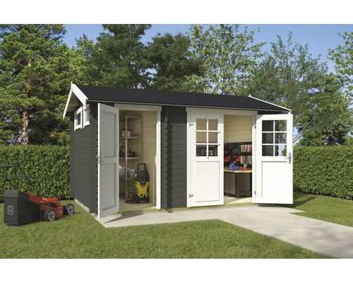 Abri de jardin Outdoor Life William avec plancher 420 x 288,8 cm vert gris Abri de jardin avec portes ouvertes, tondeuse à gazon au premier plan