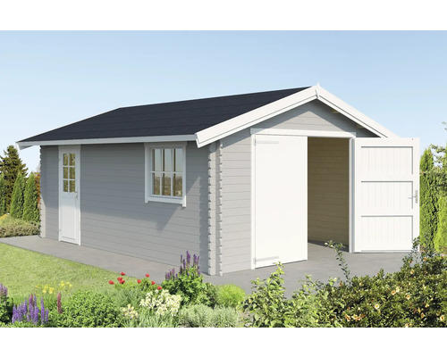 Garage simple Outdoor Life Yarik avec porte en bois 473,7 x 583 cm gris clair Garage en bois avec double porte, porte latérale et fenêtre dans le jardin