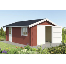 Holzgarage mit Fenster und Doppeltür im Garten