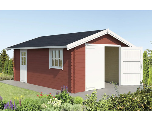 Einzelgarage Outdoor Life Yarik mit Holztor 473,7 x 583 cm schwedischrot Holzgarage mit Fenster und Doppeltür im Garten