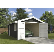 Holzgarage mit geöffneten Flügeltüren und einem Auto darin