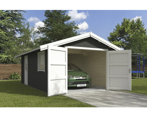 Einzelgarage Outdoor Life Yarik mit Holztor 473,7 x 583 cm graugrün Holzgarage mit geöffneten Flügeltüren und einem Auto darin
