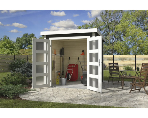 Abri de jardin Outdoor Life Zambezi 2 220 x 274,7 cm vert gris Jardin avec abri de jardin, outils de jardin et mobilier de jardin sur une terrasse en pierre