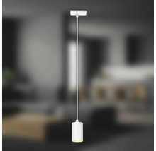 Weisse Hängelampe mit zylindrischem Lampenschirm