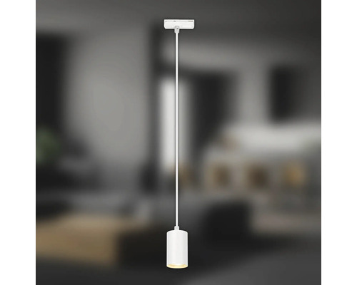 Weisse Hängelampe mit zylindrischem Lampenschirm