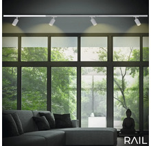 Wohnraum mit Schienensystem und Strahlern an der Decke über einer Fensterfront