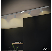 Deckenleuchte mit Spots an einer Schiene in einem Raum.