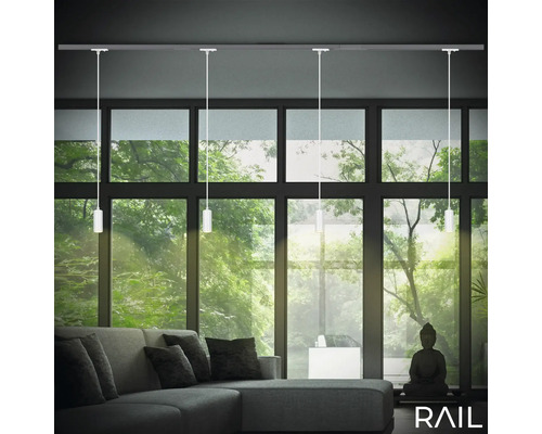 Salon avec système de rails et suspensions