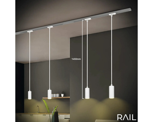 Quatre suspensions sur un rail d''une longueur de 1450 millimètres suspendues au plafond.