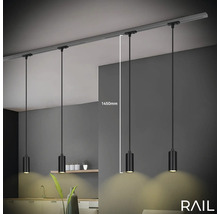 Système de rails noir avec quatre suspensions cylindriques et une indication de hauteur de 1450 millimètres.