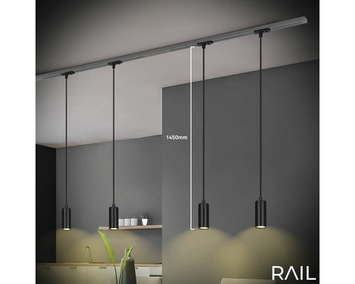 Système de rails noir avec quatre suspensions cylindriques et une indication de hauteur de 1450 millimètres.
