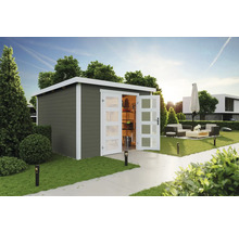 Scène de jardin avec abri de jardin et coin salon