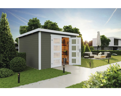 Scène de jardin avec abri de jardin avec double porte et mobilier de jardin