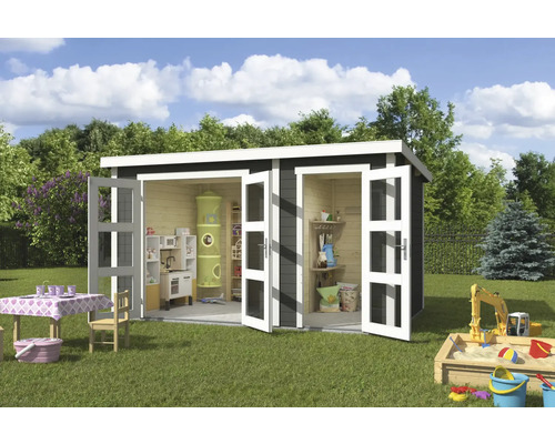 Abri de jardin Outdoor Life Zambezi XL 400 x 259,7 cm vert gris Scène de jardin avec cabane de jeu en bois ouverte, cuisine jouet pour enfants, jouets et bac à sable