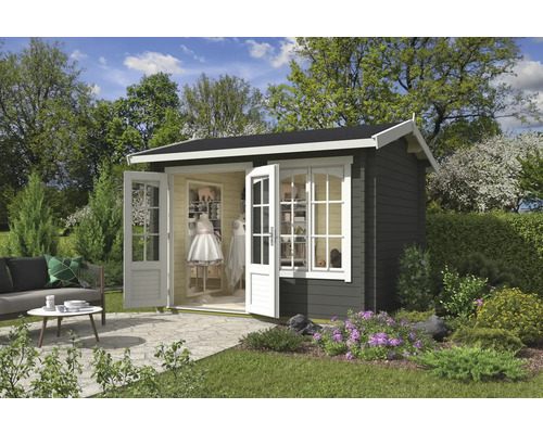 Abri de jardin Outdoor Life Alex avec plancher 340 x 308,3 cm vert gris Abri de jardin avec portes doubles ouvertes et fenêtre dans le jardin