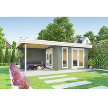 Jardin avec abri de jardin avec terrasse, coin salon et pelouse