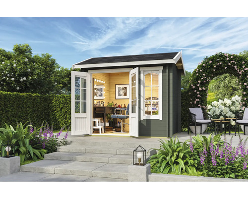 Abri de jardin Outdoor Life Alex Mini avec plancher 250 x 254,1 cm vert gris Abri de jardin avec portes doubles ouvertes et aménagement intérieur dans le jardin