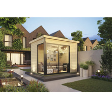 Jardin avec cabanon de jardin en bois moderne et coin salon