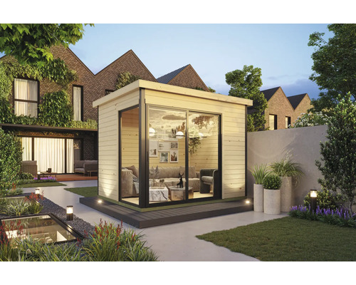 Abri de jardin Outdoor Life Austin 1 avec plancher 319,6 x 259,6 cm naturel Jardin avec cabanon de jardin en bois moderne et coin salon