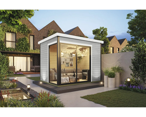 Abri de jardin Outdoor Life Austin 1 avec plancher 319,6 x 259,6 cm gris clair Abri de jardin avec porte coulissante et intérieur moderne dans un jardin soigné.