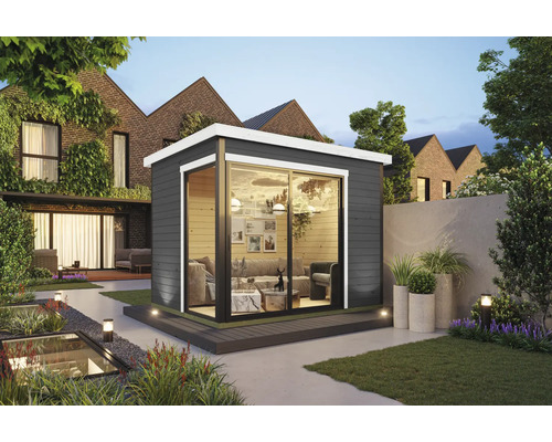 Abri de jardin Outdoor Life Austin 1 avec plancher 319,6 x 259,6 cm gris carbone Jardin avec maison de jardin moderne en bois avec porte coulissante et vue sur l'intérieur avec canapé