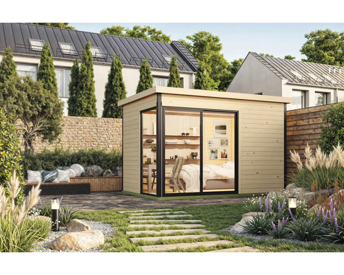 Abri de jardin Outdoor Life Austin 2 avec plancher 379,6 x 259,6 cm naturel Maison de jardin avec de grandes fenêtres et aménagement paysager